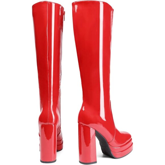 ⚡Women's Red pat Faux Leather Platform Heeled Knee High Long Chunky Tall Boot - Picture 3 of 7